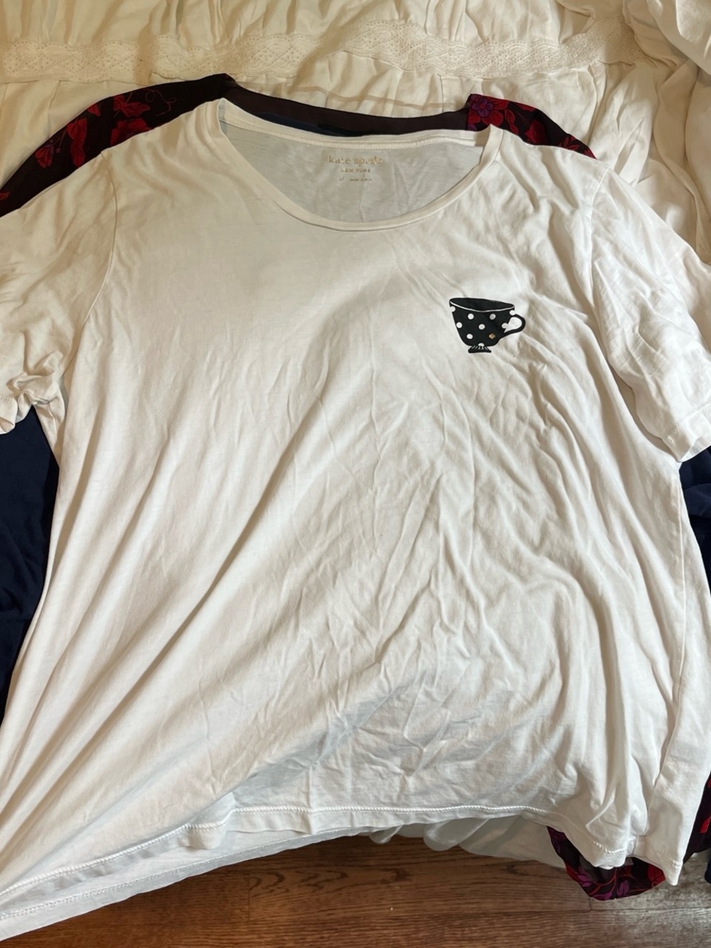 kate spade White Tee with Black Polka-Dot Teacup Motif